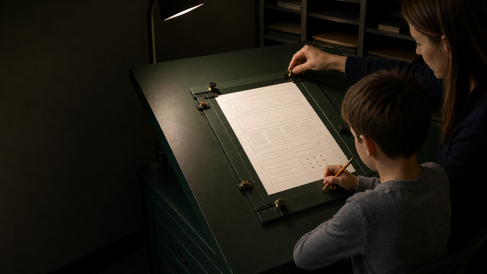 An elementary teacher adjusts a green registration frame while a student works beside an illuminated math worksheet.